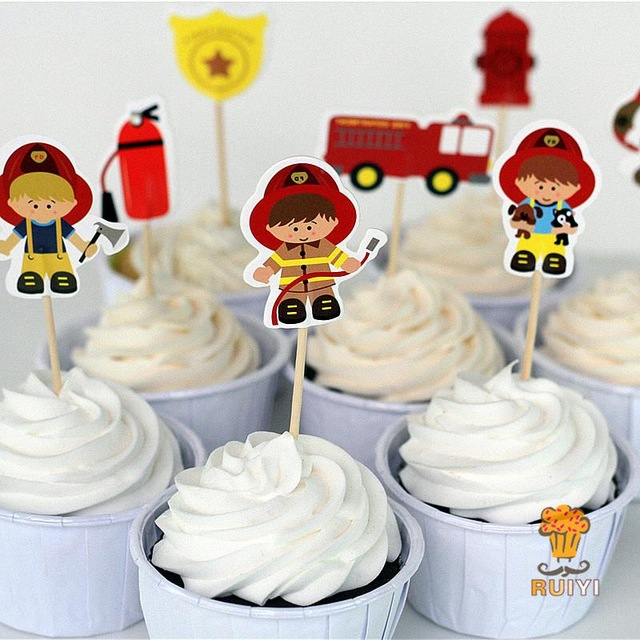 

72pcs fireman cake toppers cupcake picks cases fire fighter kids birthday party decoration baby shower candy bar