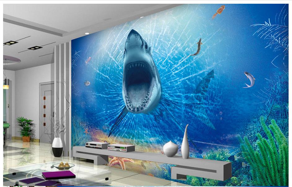 

High Quality Custom 3d ceiling wallpaper murals wall paper 3D horror great white shark TV backdrop ceiling murals wall living room decor, Customized