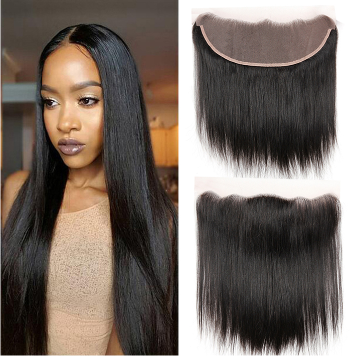 

13x4 Frontal Closure Silk Straight Brazilian Virgin Human Hair Swiss Lace Top Closures Full Frontals Pieces Pre Plucked Natural Hairline, Natural color