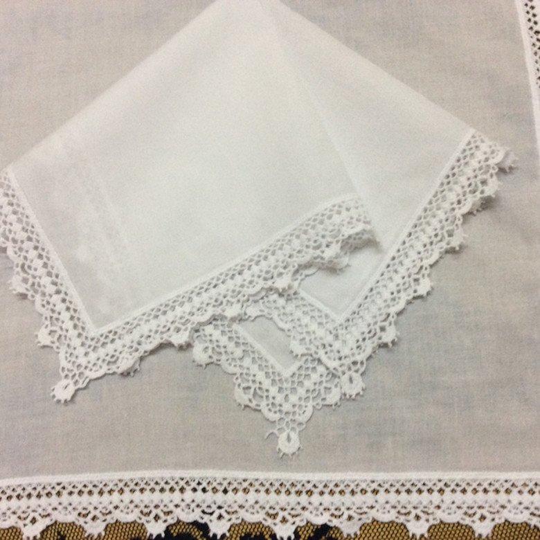 

Set of 12 HomeTextiles Ladies Handkerchief 12 inch White cotton Perfect Embroidered crochet lace Edging Wedding hankies Bridal hanky