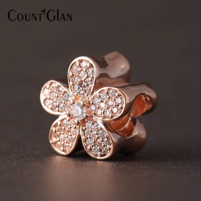 Rose Gold Plated Dazzling Daisy Beads Fit Women Charms Bracelets Original 925-Sterling-Silver CZ Floral For Jewelry Making DIY