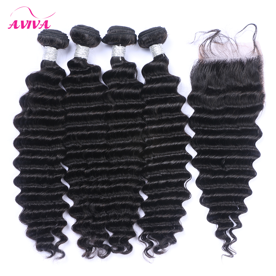 

5Pcs Lot Brazilian Deep Wave Curly Virgin Hair With Closure Brazilian Deep Curly Human Hair Weaves With Lace Closures Remy Hair Extensions, Natural black