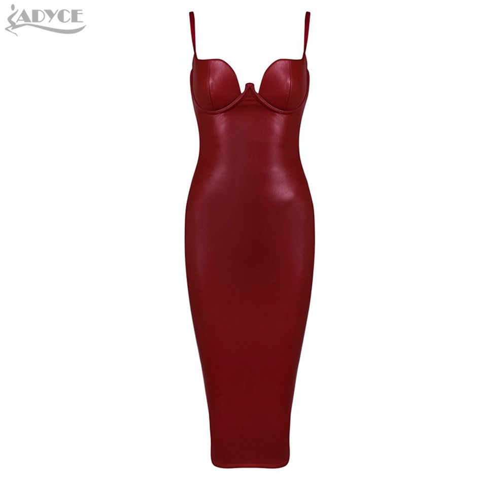 Wholesale- 2017 Women spring Dress Red White Nude Pink Black Gold Straps V-neck PU leather Kim Kardashian Party Bodycon Dress Wholesale
