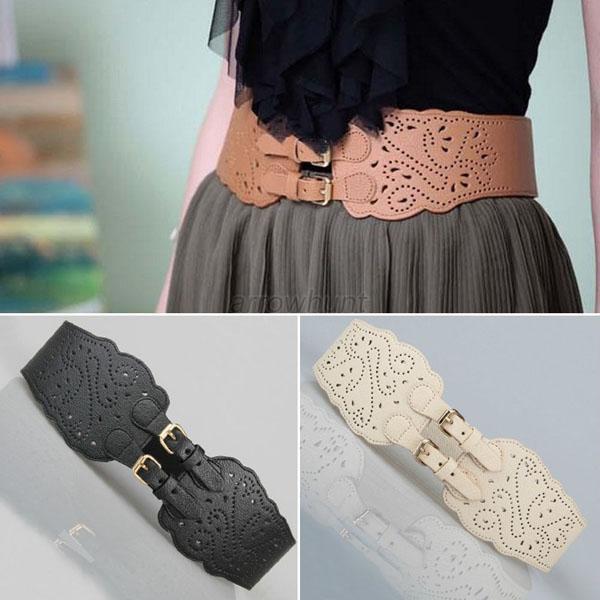 

Wholesale- Fashion Womens Wide Double Buckle Belt Elastic Waist Belt PU Leather Stretch Corset Waistband New, Blue