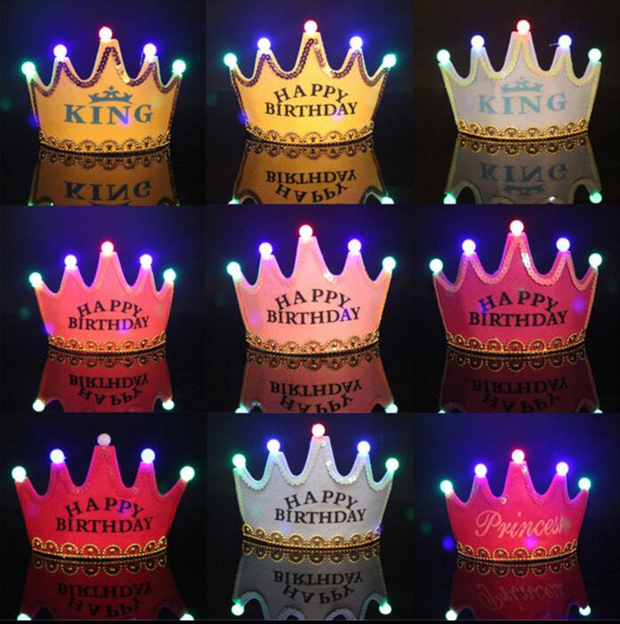 

Free EMS 100pcs LED Light Up Glow Flash Happy Birthday Adjustable Hat Crown Cap Headband Masquerade Party Wedding Disco