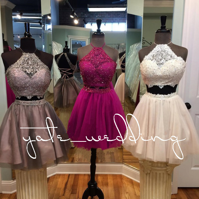 

2018 Popular Two Piece Homecoming Dresses Jewel Halter Lace Tulle Criss Cross Back Brown Hot Pink Beige Short Prom Dresses Party Dresses, Daffodil