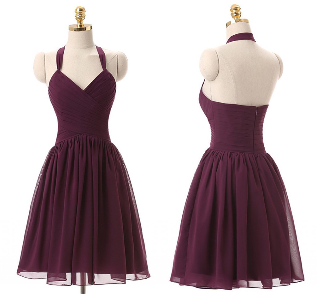 

Grape Purple Sexy Chiffon Bridesmaid Dresses Short Halter Neck Backless Pleated Under 50 Beach Country Maid of Honor Gowns