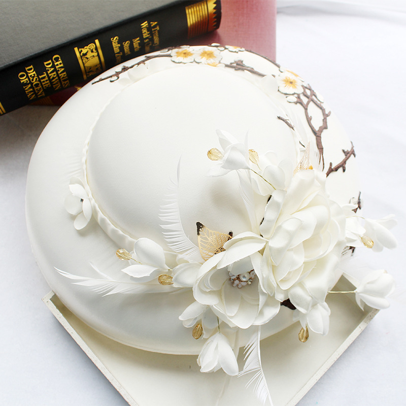 

White Satin Embroidered Hats with feather Women hat church hat formal hats wedding hats top hat headpieces bridal headdress for party