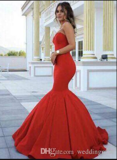Red Sexy Mermaid Satin Lace Up 2019 Arabic Prom Dresses Sweetheart Cheap Elegant Evening Dresses Long Formal Party Gowns