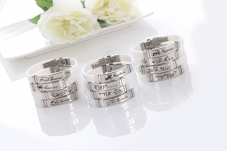 

High quality Hot Simple Twelve Constellation Silicone Stainless Steel Bracelet FB363 mix order 20 pieces a lot Slap & Snap Bracelets