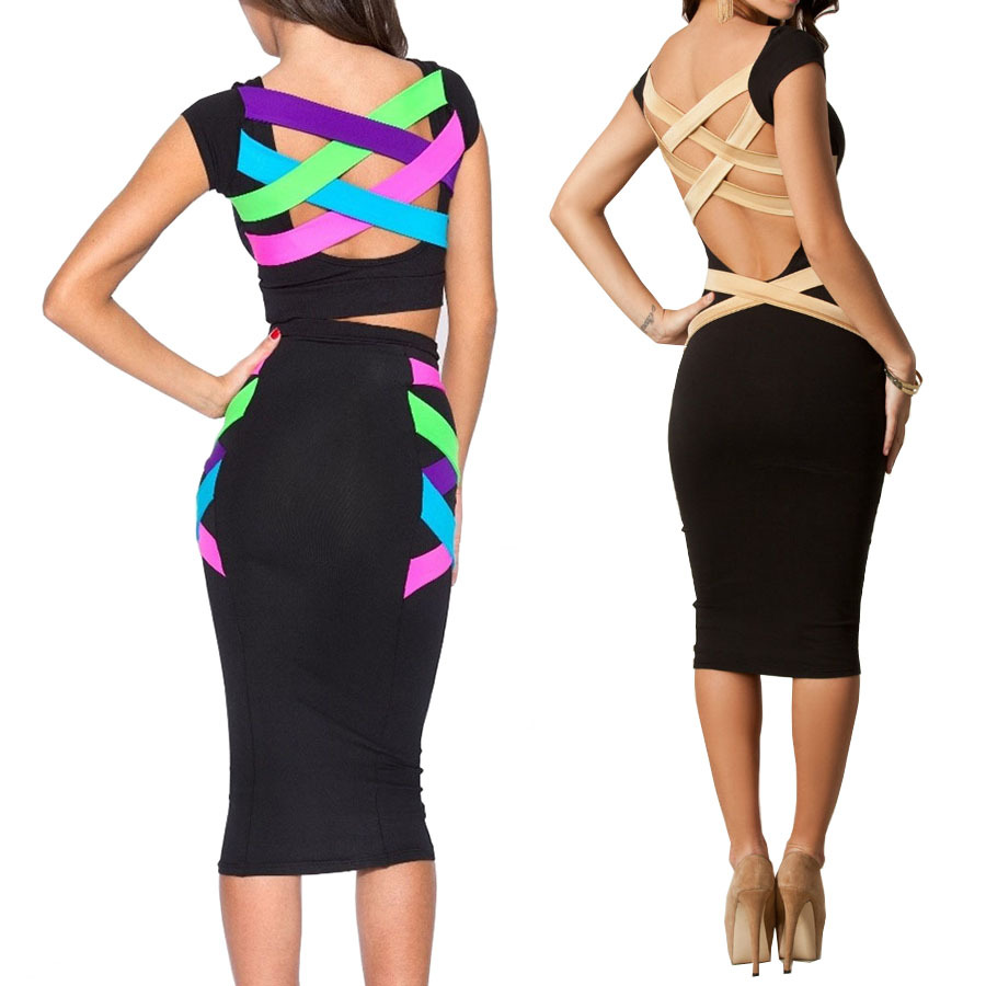 Vente en gros - 2016 Nouvelle Mode Européenne Femmes Sexy Plus La Taille Longueur Au Genou Robe Moulante Noire Celebrity Casual Robe Dos Nu Banda