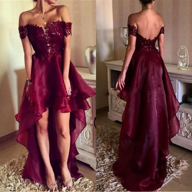 

Cheap Sexy Short Cocktail Party Dresses 2020 Off The Shoulder Backless Burgundy Hi Lo Prom Homecoming Gowns Custom Made Women Wear BA4794, Coral