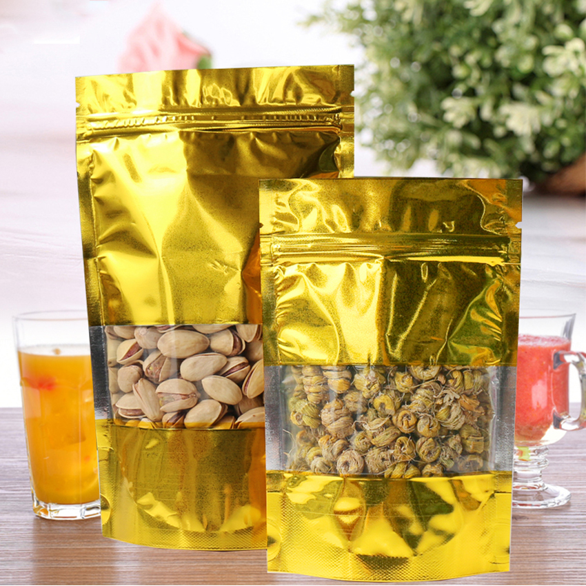 

Gift Bags Gift Bag 100pcs/lot 5sizes Clear Windowed Golden Glossy Stand Up Zip Lock Bag Self Seal Zipper Food Storage Retail Packaging Pouch