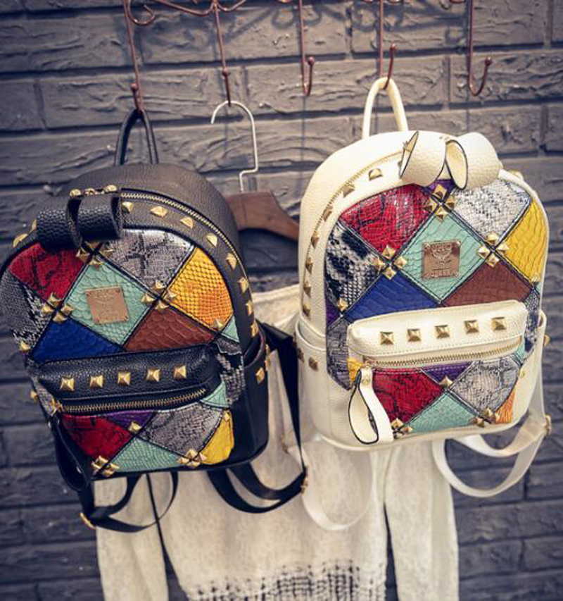 Free Shipping M 2017 PU Leather Lady Bags Cartoon pattern School Bags Fashion Women Punk style Girl Backpack designer Backpack-image-403067444