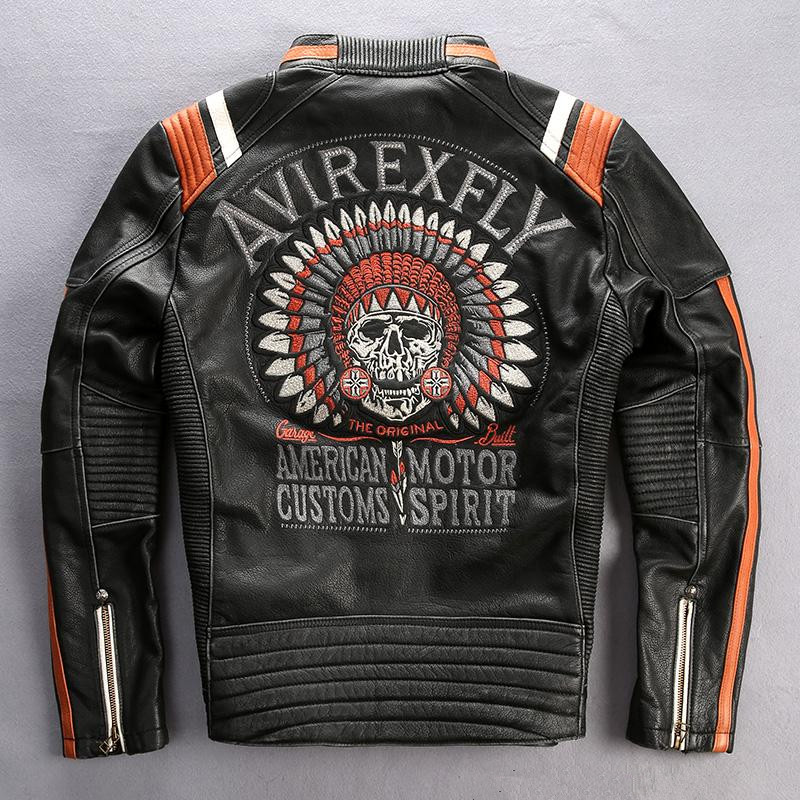 

Spliced colours AVIREXFLY leather jackets embroidery back AMERICAN CUSTOMS MOTOR SPIRIT motorcycle jackets, Vintage black
