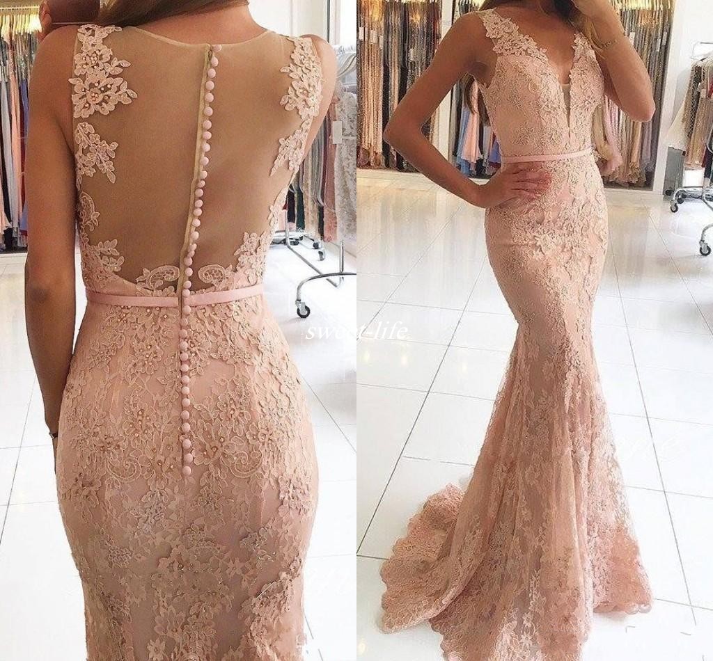 

Evening Dresses 2020 Sexy V Neck Illusion Lace Appliques Beaded Blush Pink Mermaid Long Sheer Back Formal Party Dress Prom Gowns, Light sky blue