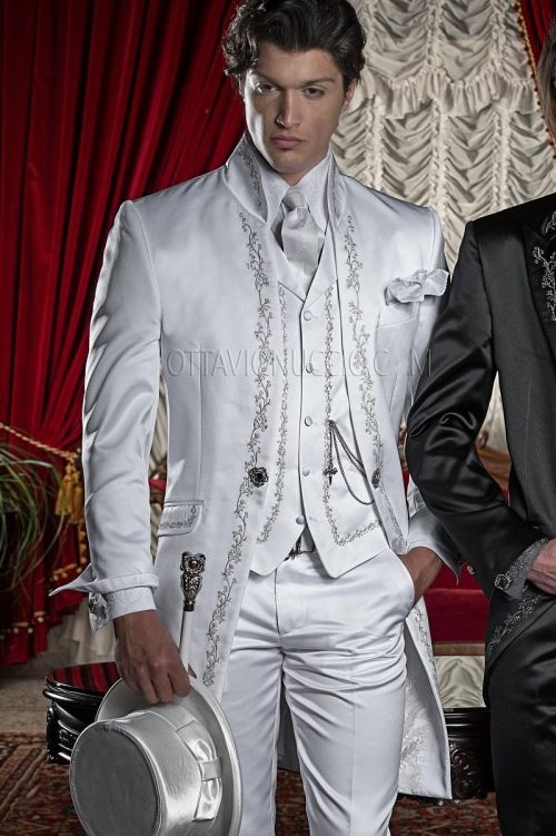 Wholesale- Classic Style White Embroidery Groom Tuxedos Groomsmen Men's Wedding Prom Suits Custom Made (Jacket+Pants+Vest+Tie) K:346