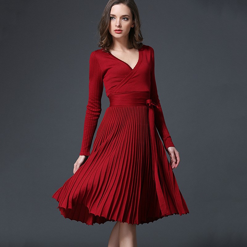 

Spring Autumn European style sexy knit dress V neck pleated skirt with Sashes 7 colors 2021, Red