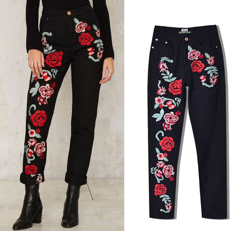 

Plus Size Womens 3D Color Stereoscopic Embroidery Roses Flowers High Waisted Pants Loose Denim Straight Trousers Black, As the picture shows