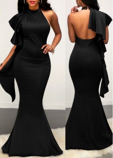 Nigérian Open Dos Sans Manches Noire Robe de la sirène Noir Robes De Pal Robe Sheer Col Longue Soir Presses Long Luxe