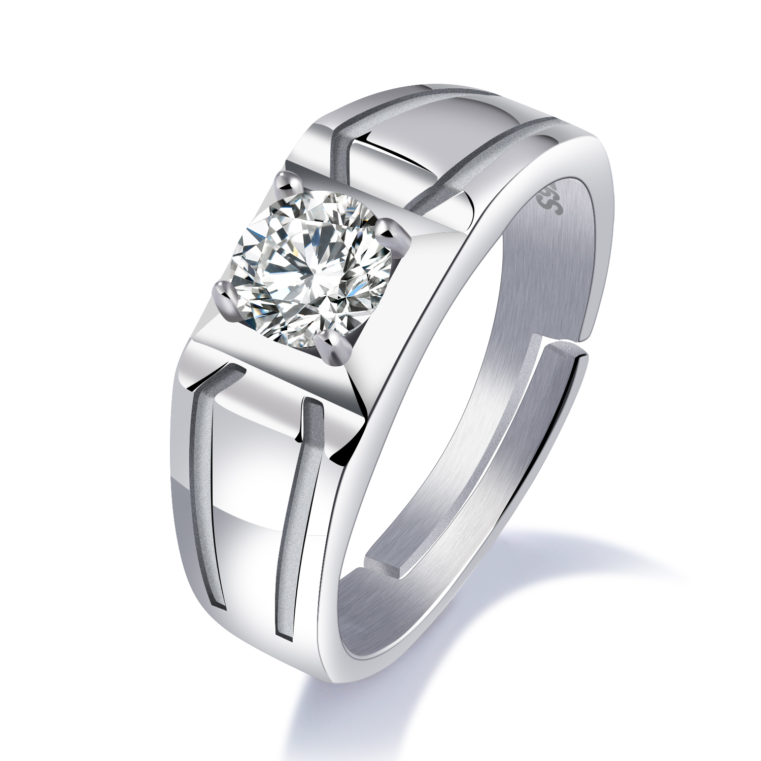 Generous Men Jewelry Rectangle Pattern Cubic Zirconia Wide Band Ring S925 Stamp Sterling Silver Band For Wedding Engagement Adjustable Size