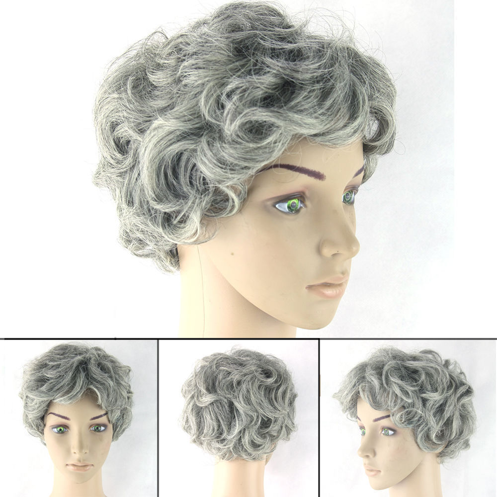 Women Old Lady Wig Curly Short Gray Hair Grandma Granny Cosplay Fancy Dress