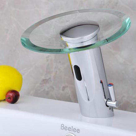 

Wholesale- Modern Brass Bathroom Sink Automatic Sensor Mixer tap Hot And Cold Sensor Faucet Glass Waterfall Sensor Faucet Tap(QH0109A