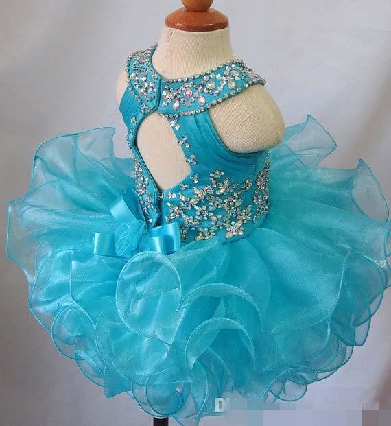 Blue jewel crystal backless sleeveless bow organza flower girls beads cupcake pageant dresses kids toddler glitz prom Infant ball gowns