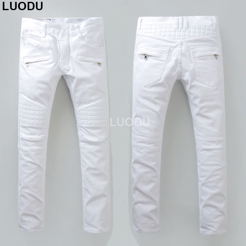 

Wholesale- New France Style #942# Mens Stretch Moto Pants Thigh Pad White Biker Jeans Slim Trousers Size 28-42, Blue