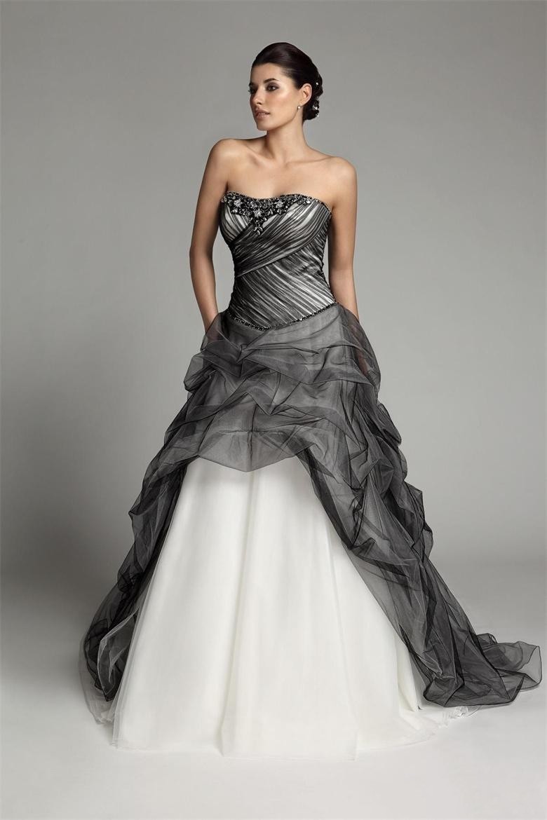 

New Arrival A-line Long Gothic Black And White Wedding Dresses Strapless Corset Pick-up Tulle Vintage Colorful Bridal Gowns Non White, Beige