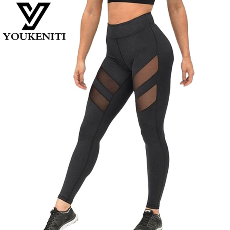 Vente en gros - Leggings harajuku Athleisure pour femmes maille épissure fitness slim pantalon legging noir, plus la taille des vêtements de spor