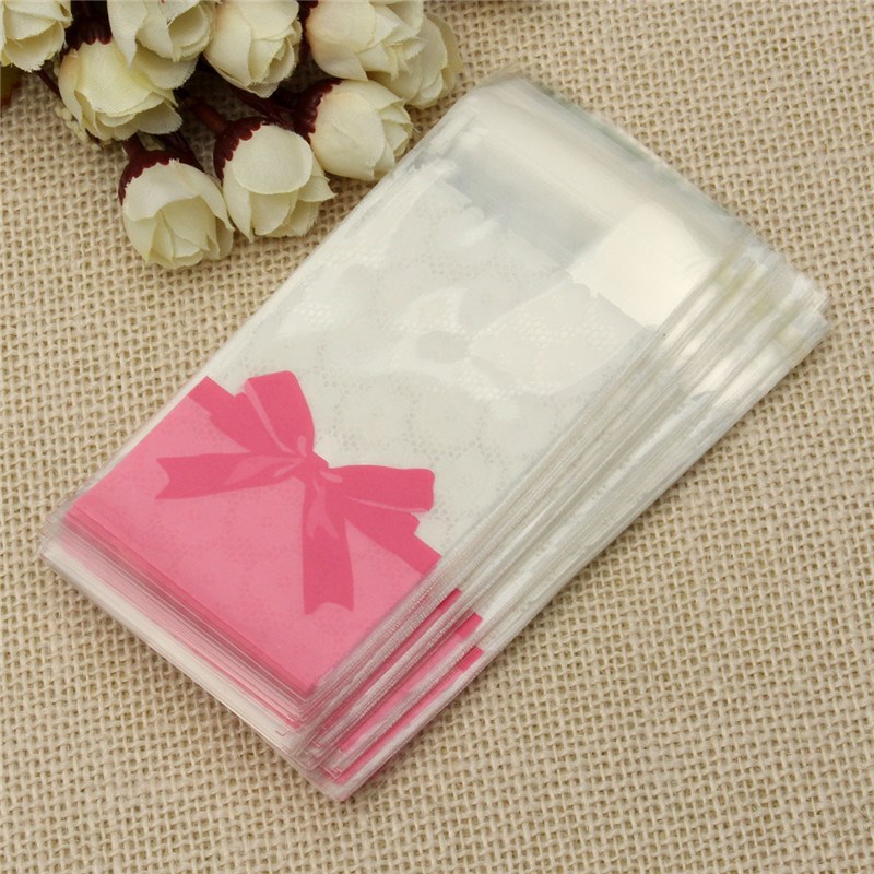 

Wholesale-Self-adhesive Candy Bags Wedding Mini Flower Lace Bow Gift Pink Clear Packaging Opp Bag Biscuit Cookies Storage 100pcs/lot