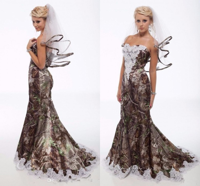 

Custom Made Camo Wedding Dresses Mermaid Lace Appliques Open Back Modest Camouflage Bridal Gowns Plus Size Vestido De Novia, Ivory