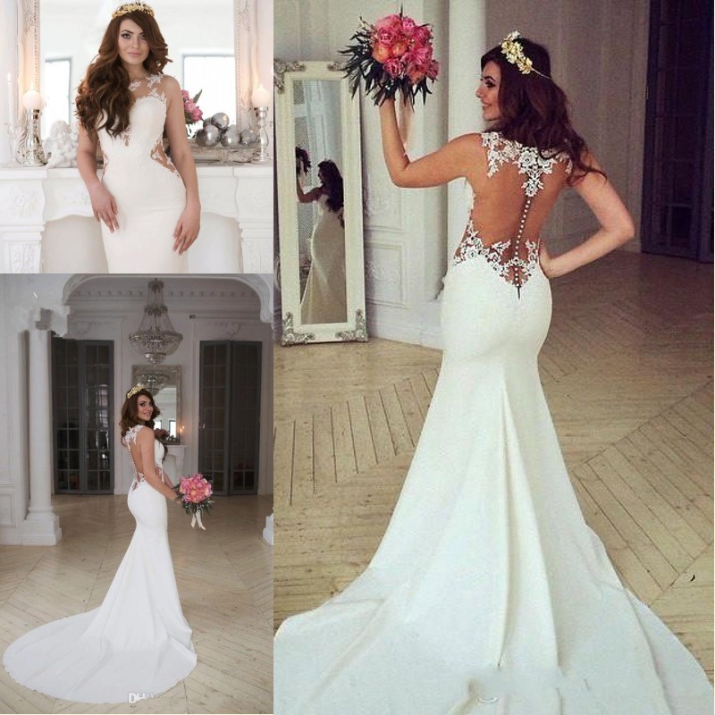 

2017 New Sexy Mermaid Wedding Dresses Spring Summer Illusion Neck Appliqued Lace Beach Wedding Dress Button Back Court Train Bridal Gowns, Red