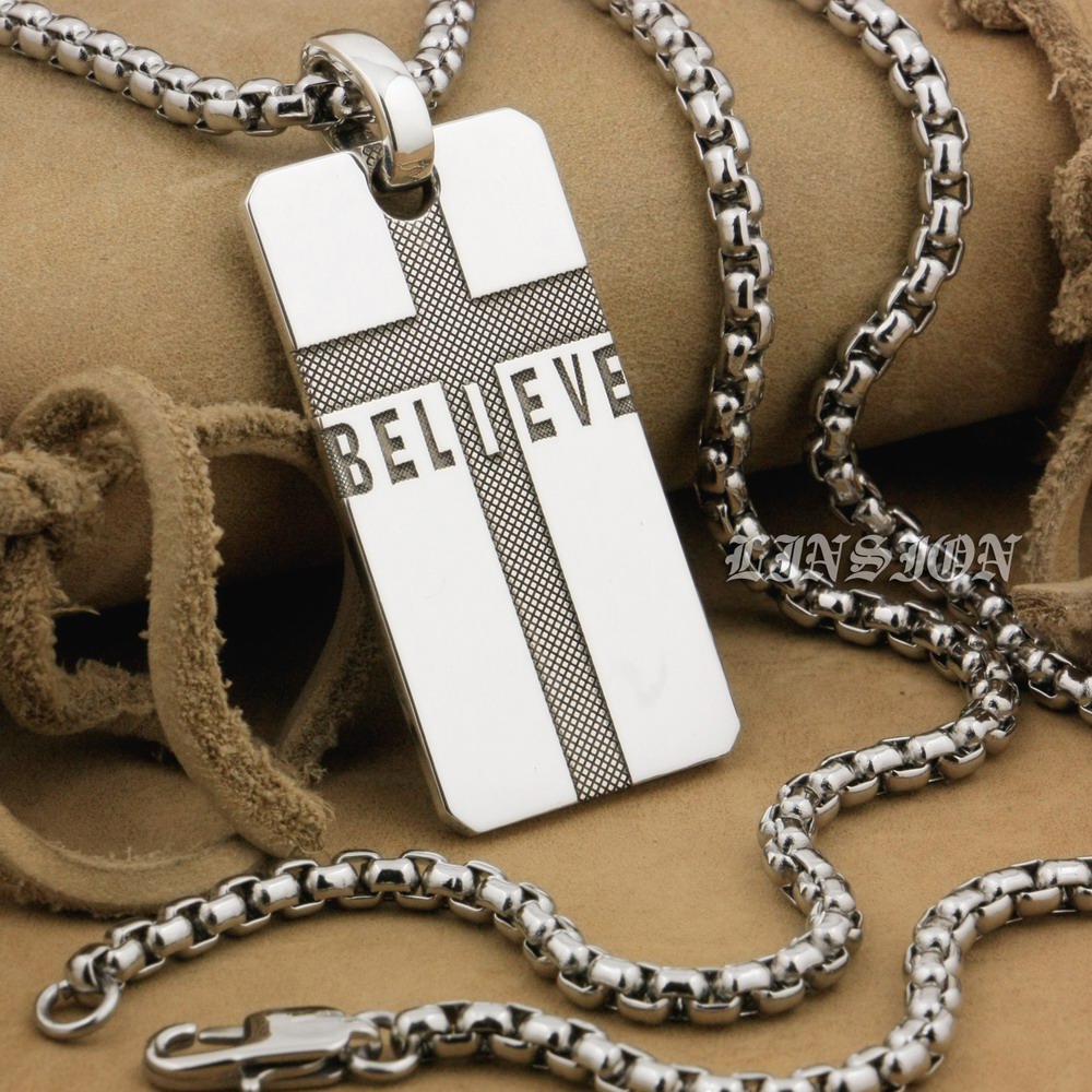 

LINSION Handmade 999 Silver Believe Cross Charms Pendant 9X118 Customized Gift Stainless Steel Necklace 24"