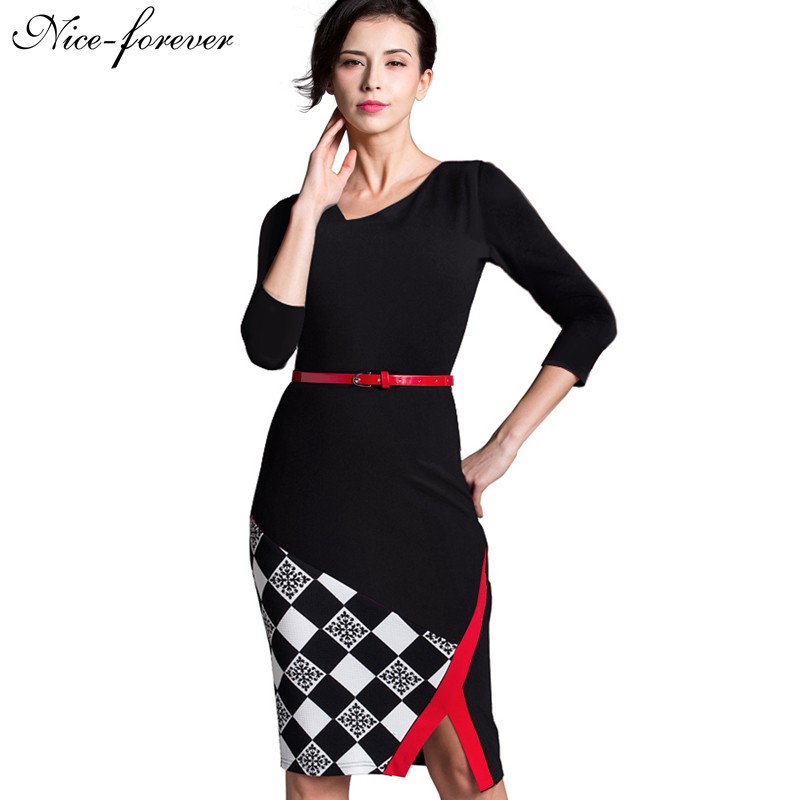 

Wholesale- Nice-forever Summer Office Lady Sleeveless Belted Vintage Dress Irregular V Neck Patchwork Checks Zipper Pencil Fit Dress B290, Black red checks