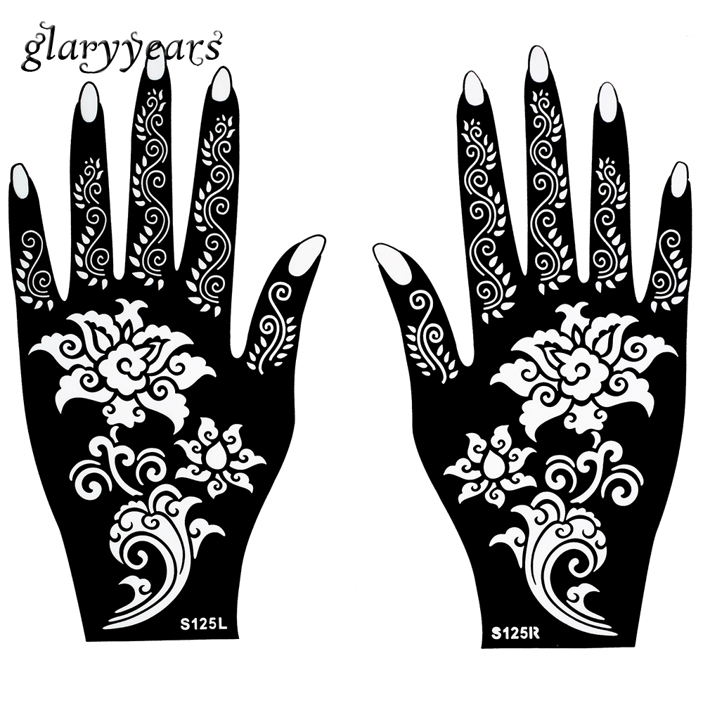 

Wholesale-Hot 1 Pair Henna Tattoo Stencil Beautiful Flower Pattern Design for Women Body Hands Mehndi Airbrush Art Painting 20 * 11cm S125