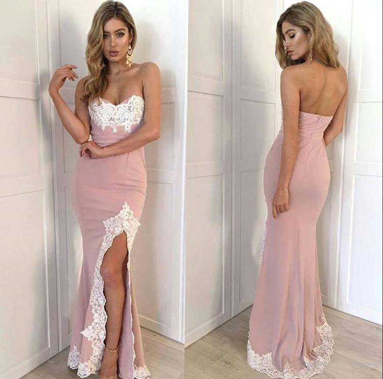 

2017 New Pink Chiffon Ivory Lace Mermaid Weding Guest Dresses Cheap Sexy Sweetheart Side Split Formal Dresses Evening Custom Made EN6202, Red
