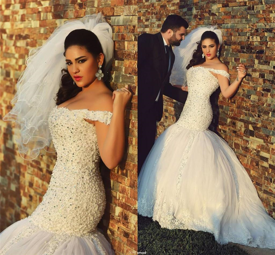 

Off the Shoulder Pearls Crystals Tulle Sweep Train Wedding Gowns Vintage Bridal Gowns Muslim Wedding Gowns Mermaid Lace Wedding Dresses, White