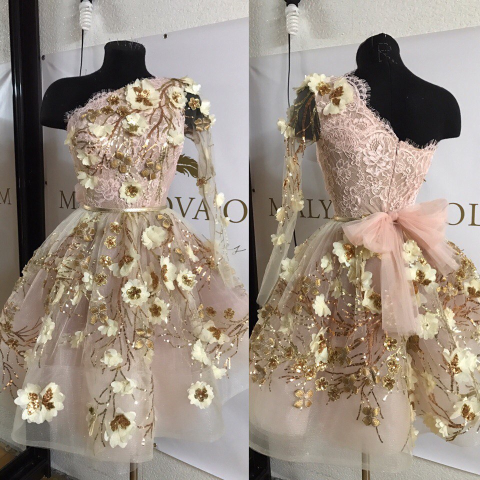 

Stylish 3D Appliques Lace Prom Dresses One Shoulder A-Line Sequined Evening Gowns Sleeves Knee Length Custom Made Short Formal Dress, Dark navy