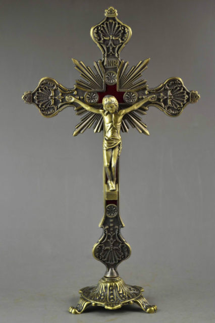 

Exquisite Chinese Old Copper Jesus On Cross Stand For Redemption Special Statue