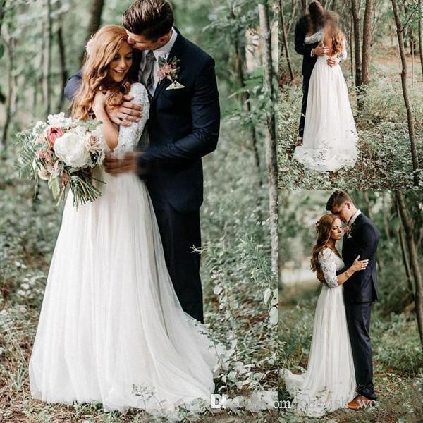2017 Pays sans rechange Forêt A-Line Robes de mariée à manches longues V tanné Plancher Longue Dentelle Tulle Jardin Robe de mariée Plus