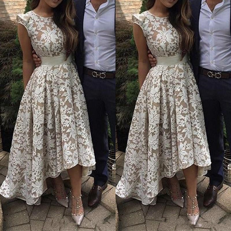 2021 New Elegant Cap Sleeves High low Evening Dresses White Champagne Lining Lace Appliques Formal Party Prom Gowns Custom Made