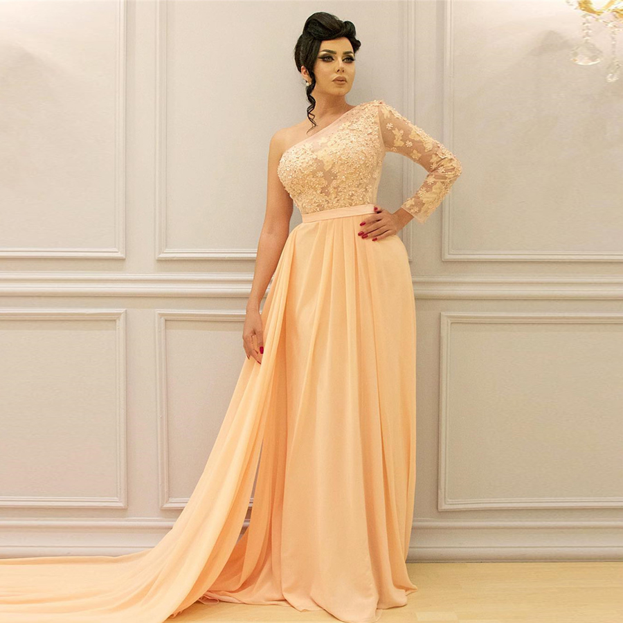 

One Shoulder Prom Dresses Lace Beaded 2019 Chiffon Custom Made Party Gowns Gown Fast Long Dresses Court Train Party, Pink