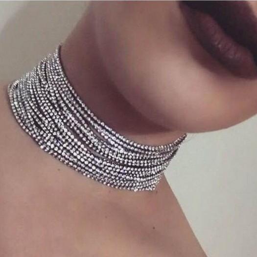 

Sexy Womens Choker Necklaces Gold/Silver Tone 20 layered Rhinestoned Jewelry For Ladies/Girls