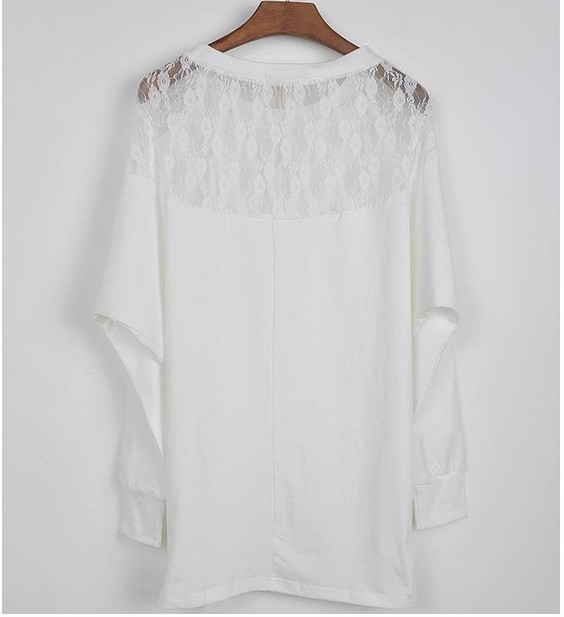 

Plus Size Fashion Spring T-Shirts Batwing Sleeve Loose Pullover O-Neck Black White Lace Women Clothing New Tees M-3XL