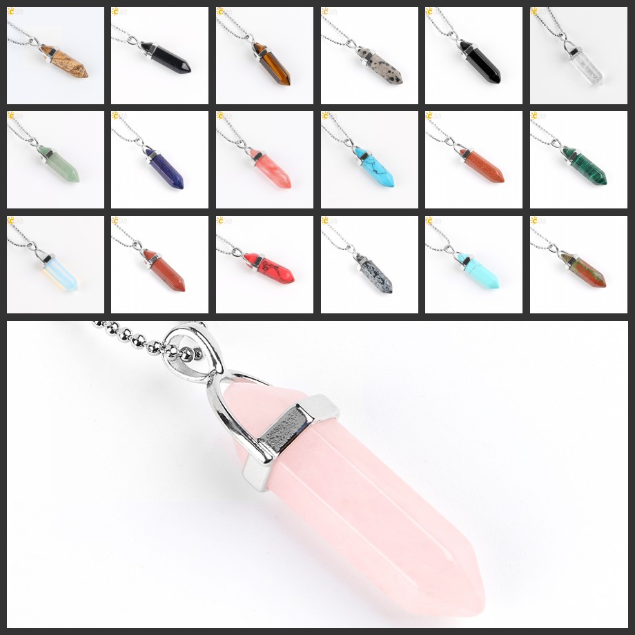 

CSJA Fashion Hexagonal Prism Necklaces Gemstone Rock Natural Crystal Quartz Healing Point Chakra Stone Long Charms Necklace Jewelry E056 B
