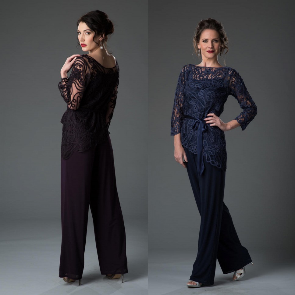 

Navy Blue Lace Mother Of The Bride Pant Suits Sheer Bateau Neck Wedding Guest Dress Two Pieces Plus Size Chiffon Mothers Groom Dresses