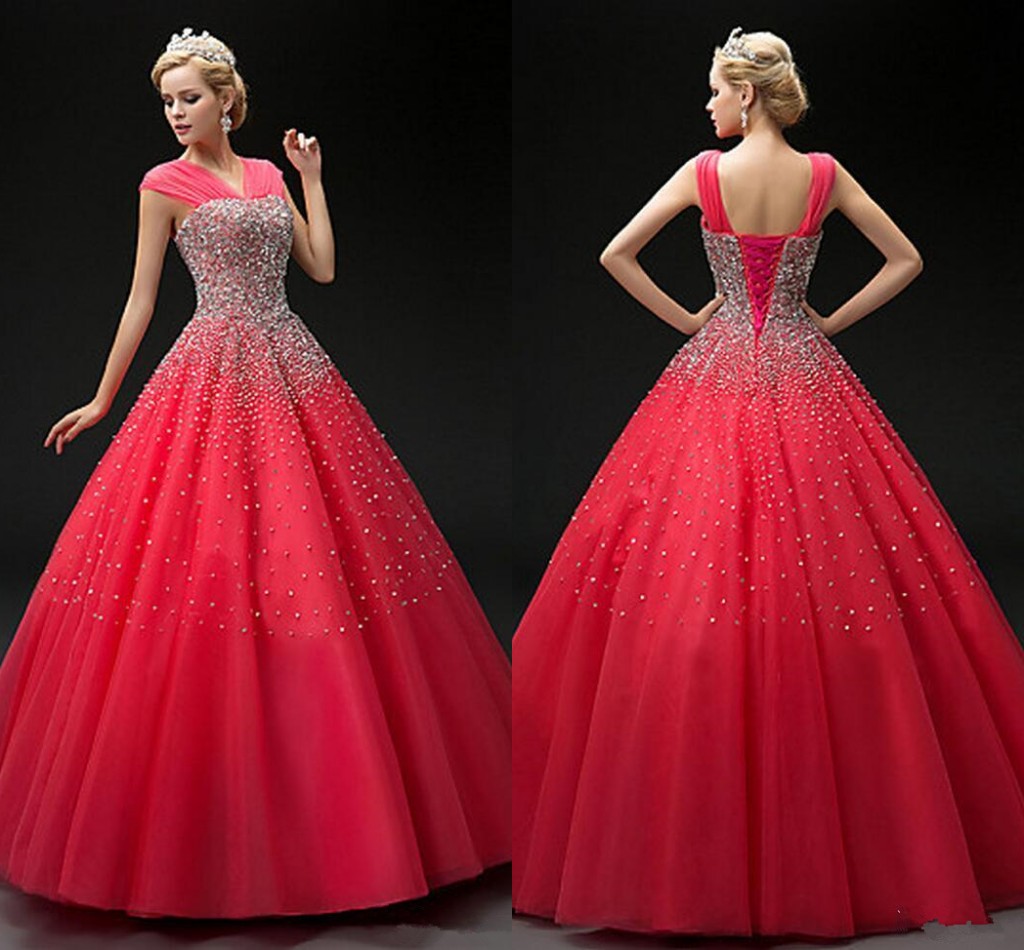 2021 Watermelon Sequins Beading Quinceanera Dresses Ball Gown Sweet 16 Dress Vestido De Festa Lace-up Long Tulle Formal Prom Gowns-image-394966911