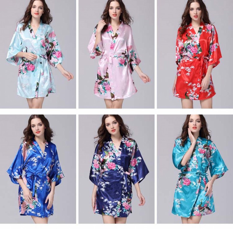 

Women's Sleepwear Kimono Pajamas Artificial Silk Satin Wedding Bride Bridesmaid Robe Floral Bathrobe Short Robes Night Bath Cardigan Dressing Gown